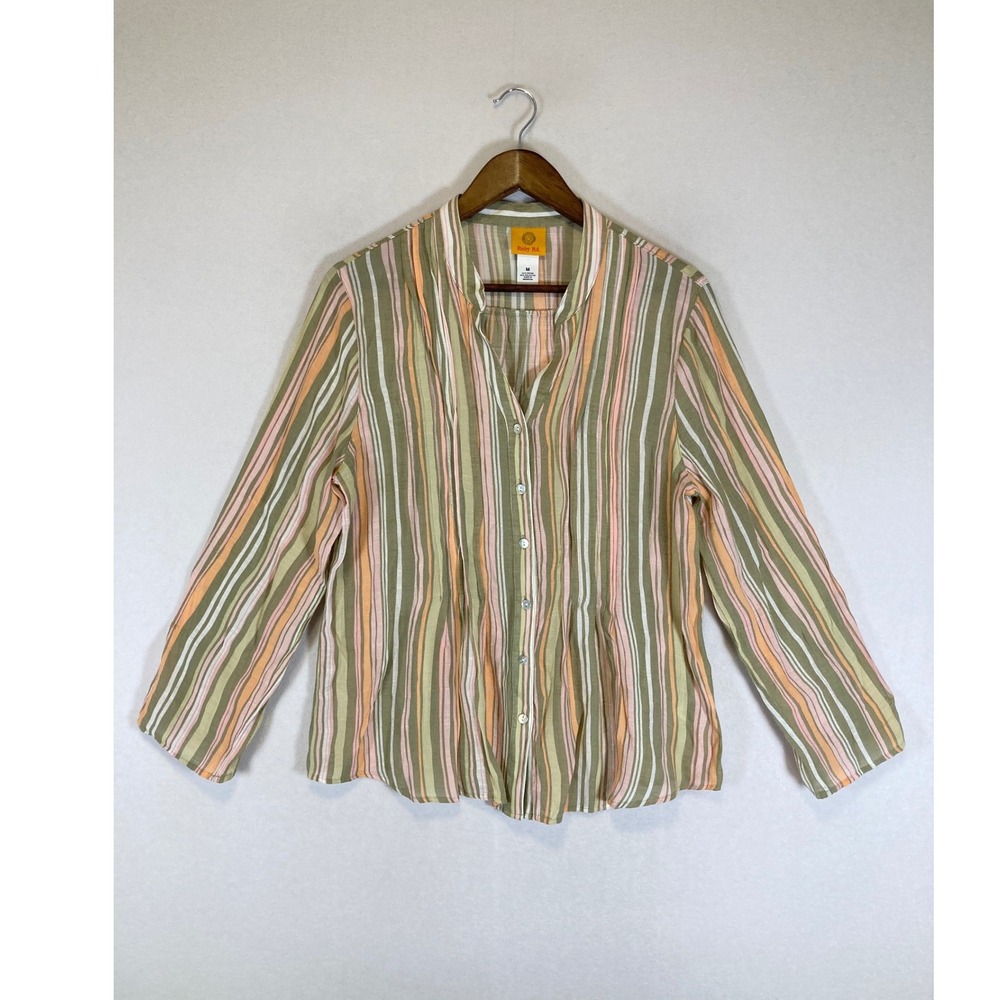 Boho Coastal Ruby Rd Women Size M Green Pink Striped Roll Tab Button Up‎ Blouse